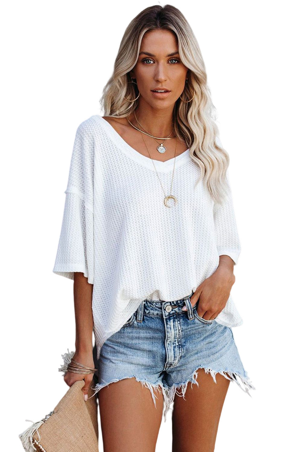 White Waffle Knit Casual Drop Shoulder Loose Top