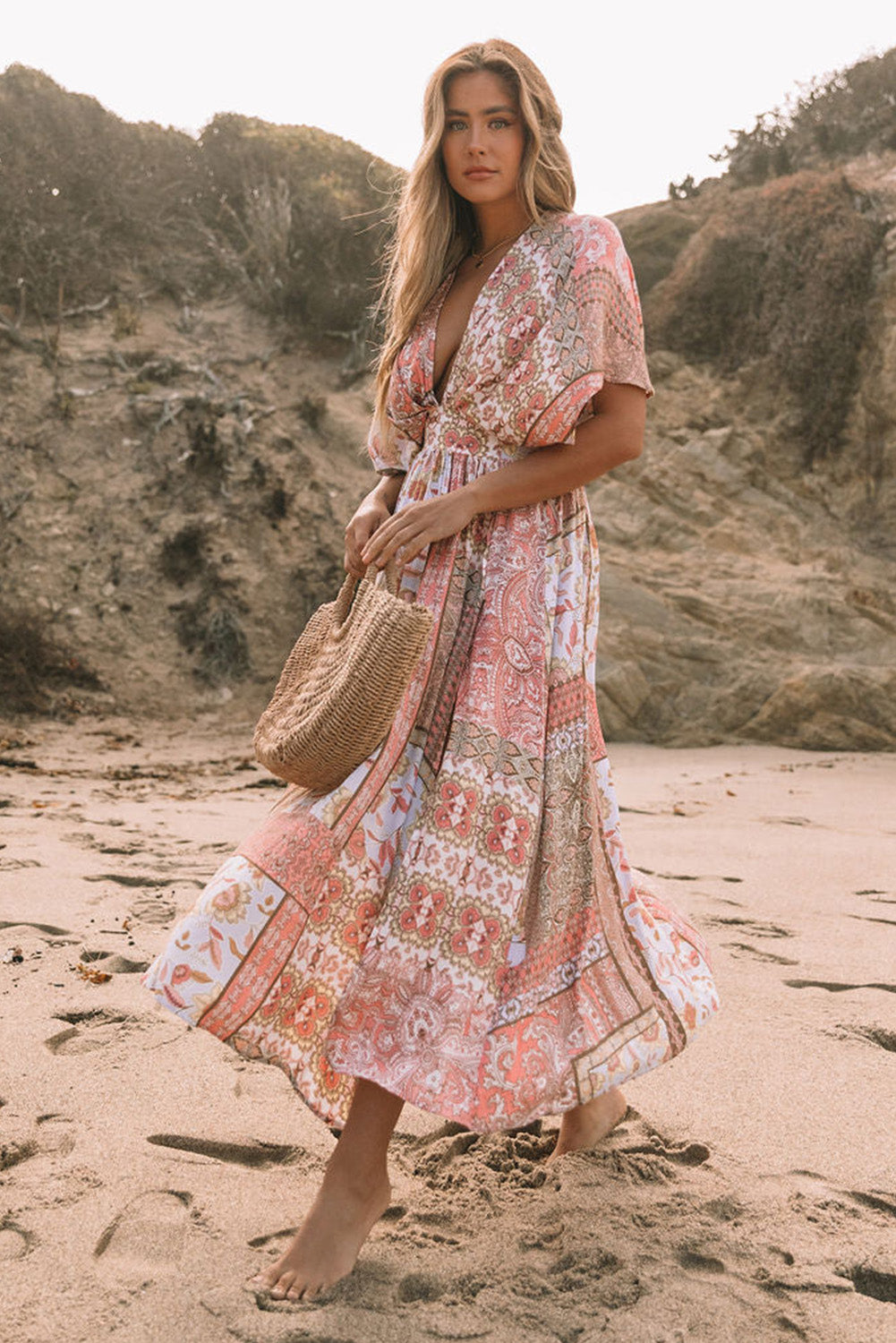 Boho Print Deep V Kimono Sleeves Beach Dress With Split