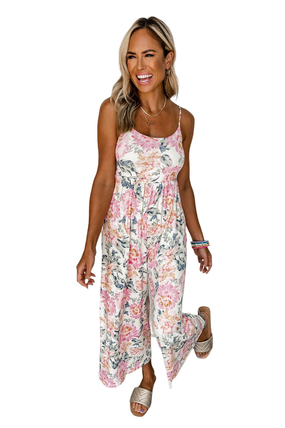 White Floral Spaghetti Straps Wide Leg Jumpsuit