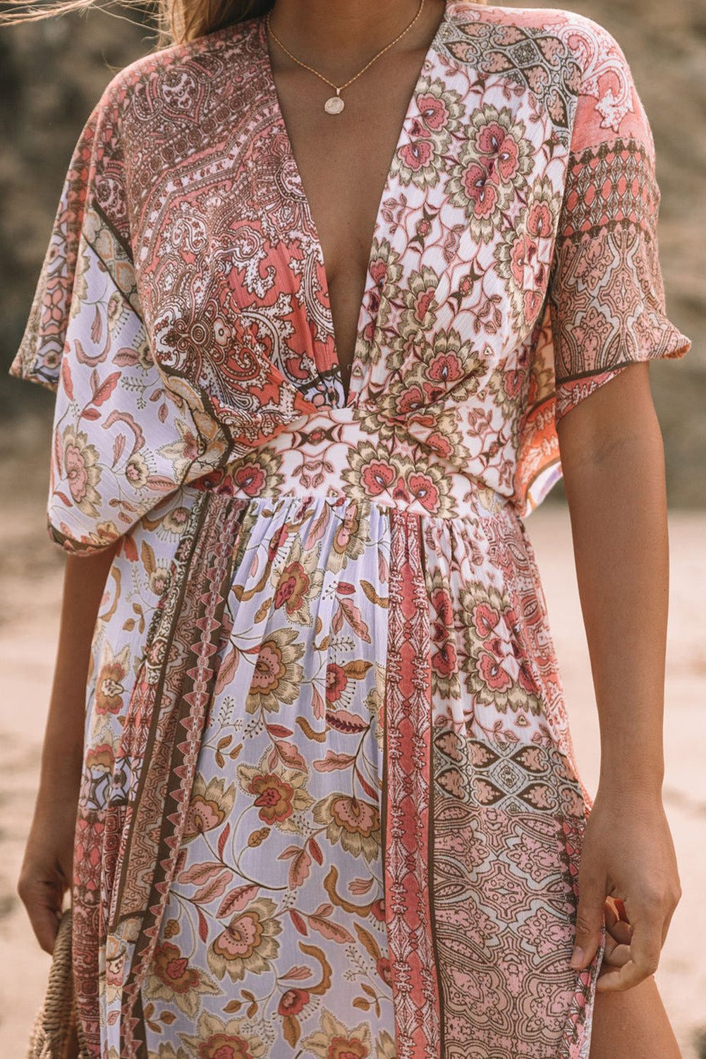 Boho Print Deep V Kimono Sleeves Beach Dress With Split