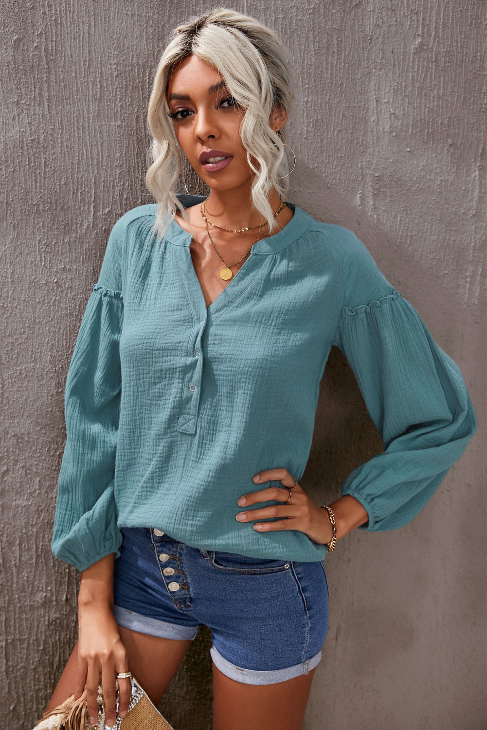 Frill Button Front Casual Blue Crinkled Blouse Top for Women