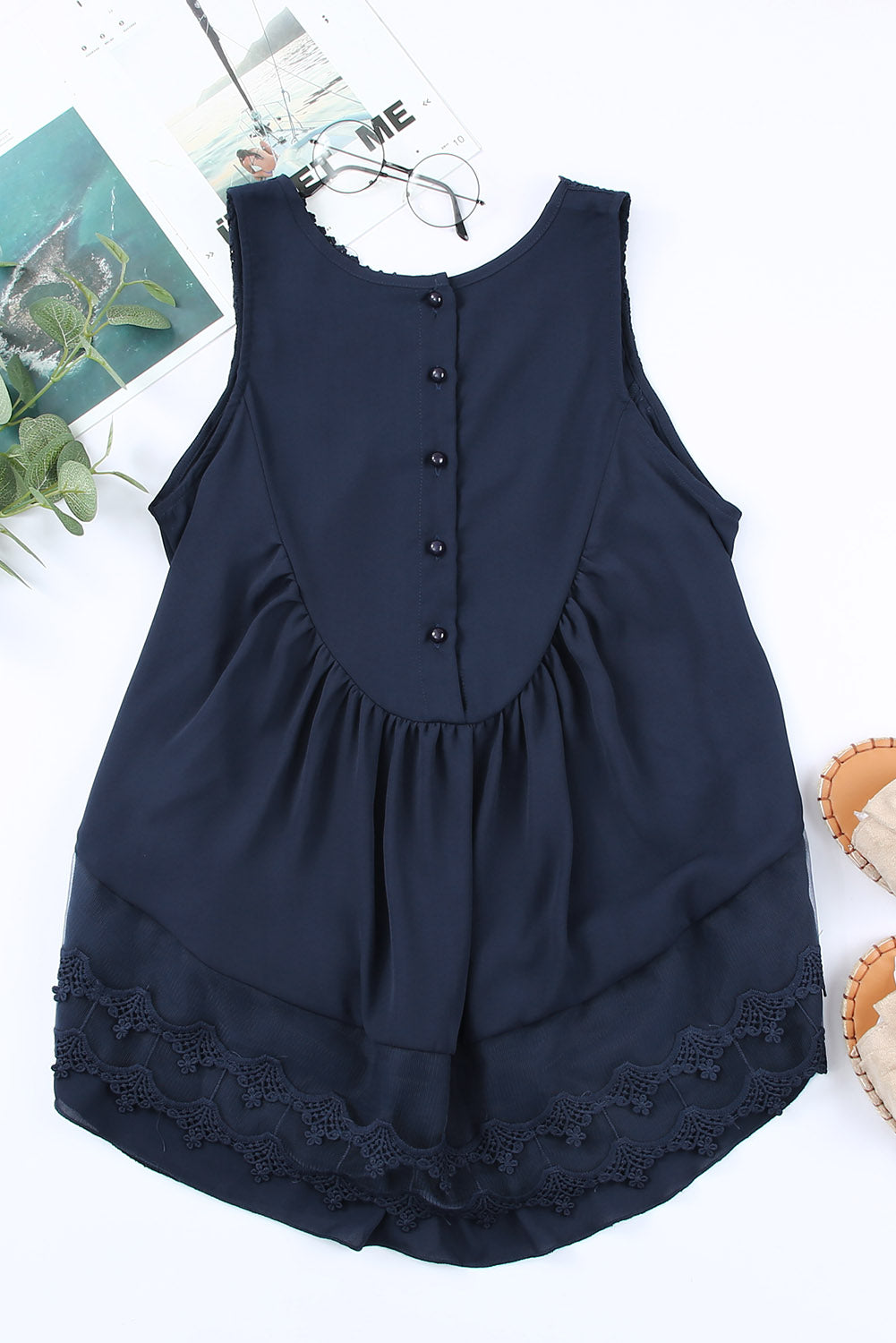 Casual Contrast Lace Crochet Button Back Sleeveless Shirt