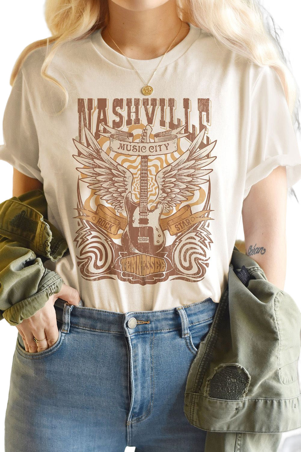 Khaki Music City Guitar Graphic Print T Shirt