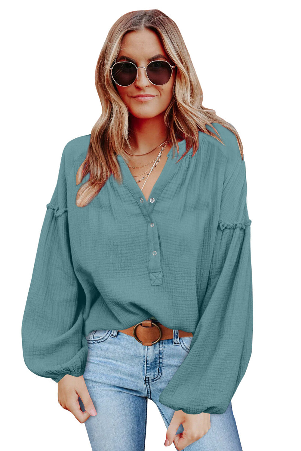 Frill Button Front Casual Blue Crinkled Blouse Top for Women