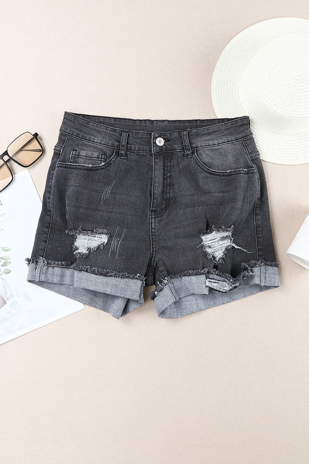 Dark Blue Casual Ripped Rolled Hem Denim Shorts