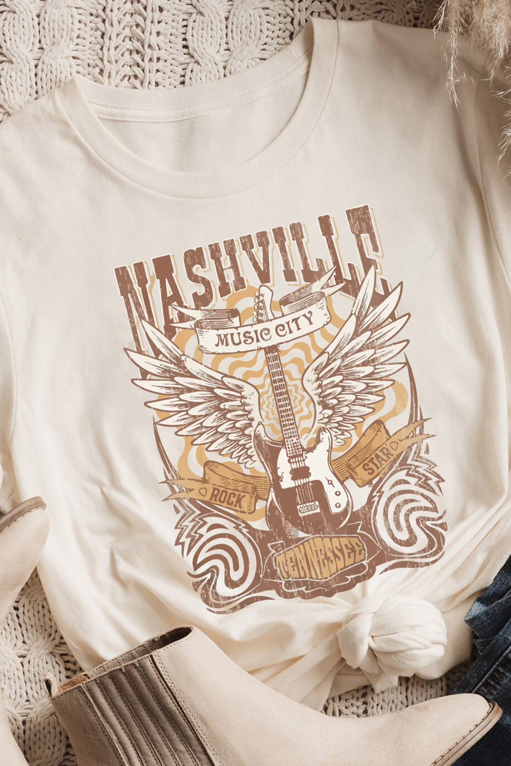 Khaki Music City Guitar Graphic Print T Shirt