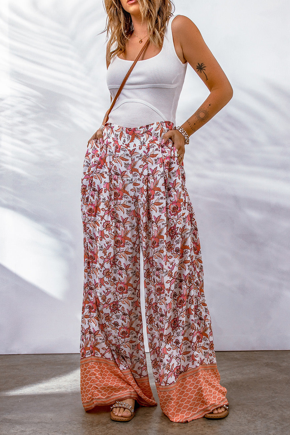 Floral Print Shirred High Waist Wide Leg Pants