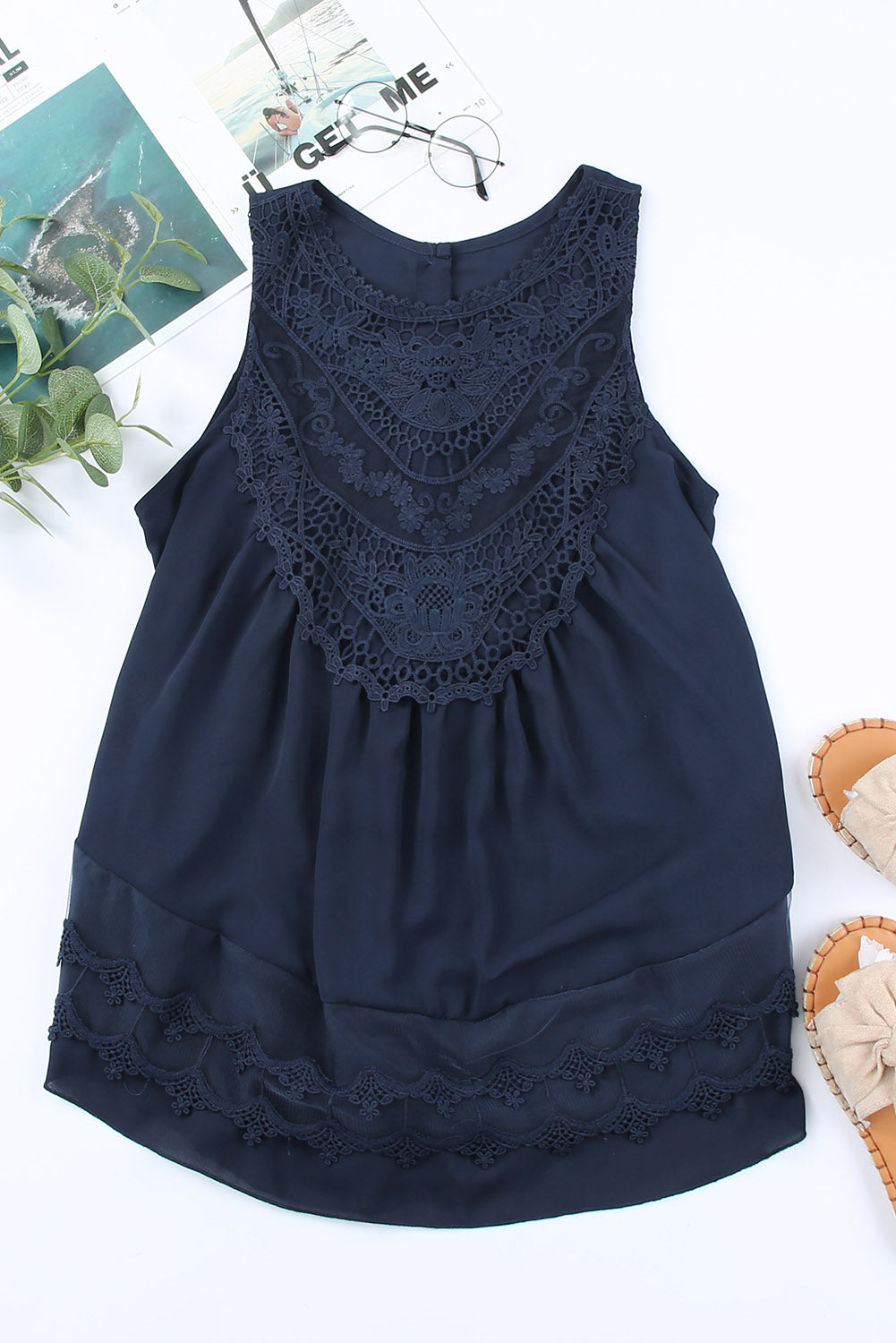 Casual Contrast Lace Crochet Button Back Sleeveless Shirt