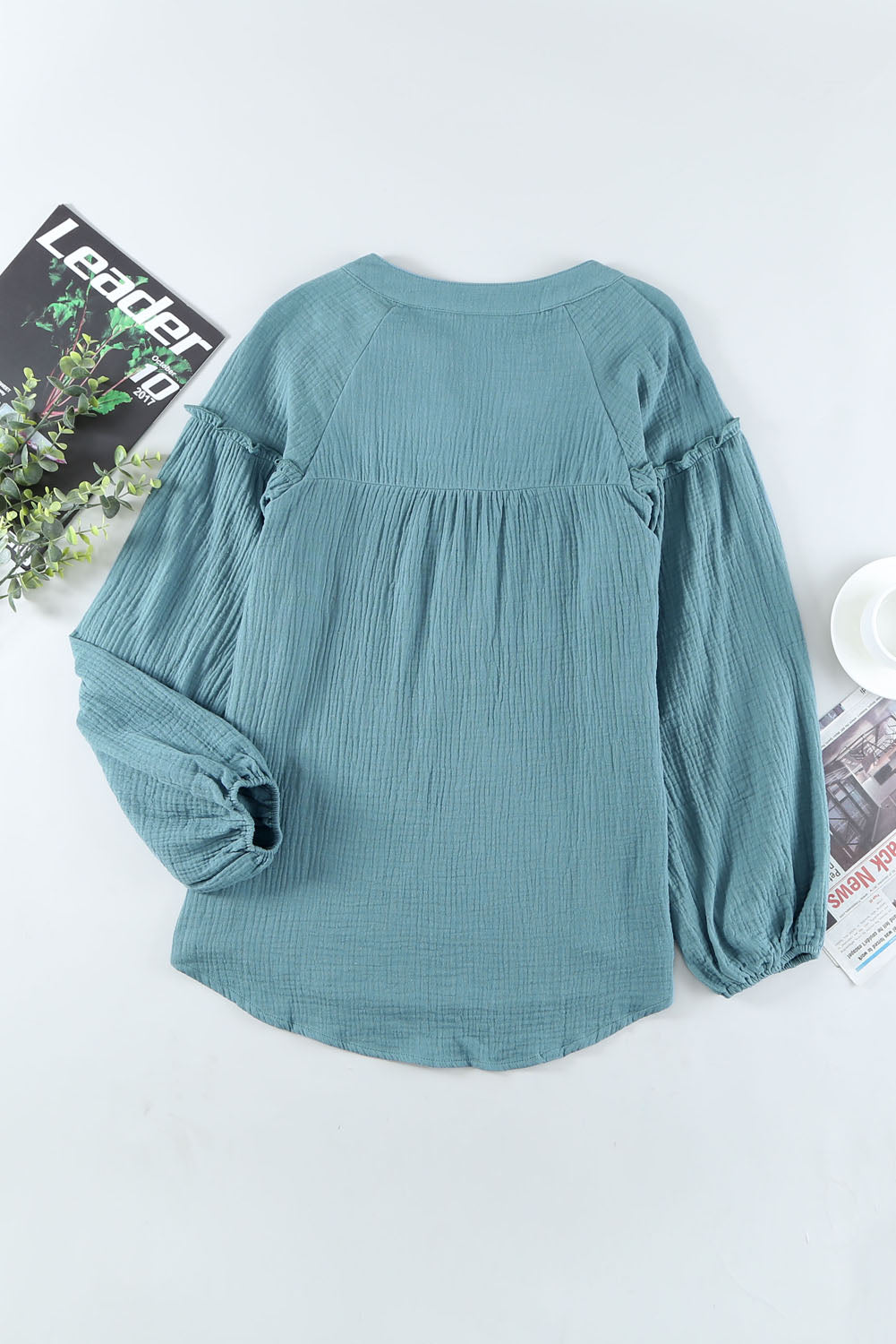 Frill Button Front Casual Blue Crinkled Blouse Top for Women