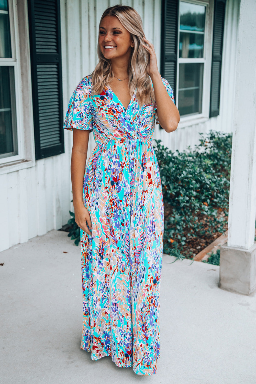 Bohemian Wrap V Neck Color Block Maxi