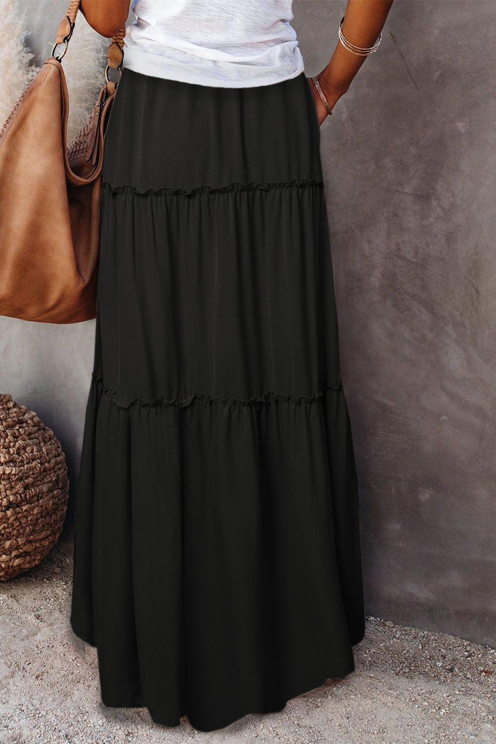 Casual Tiered Drawstring Elastic Waist Maxi Skirt