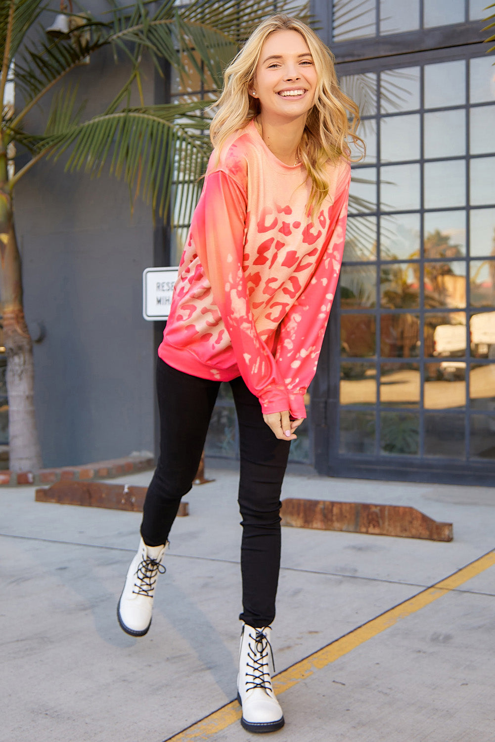 Bleached Cheetah Print Colorblock Sweatshirt