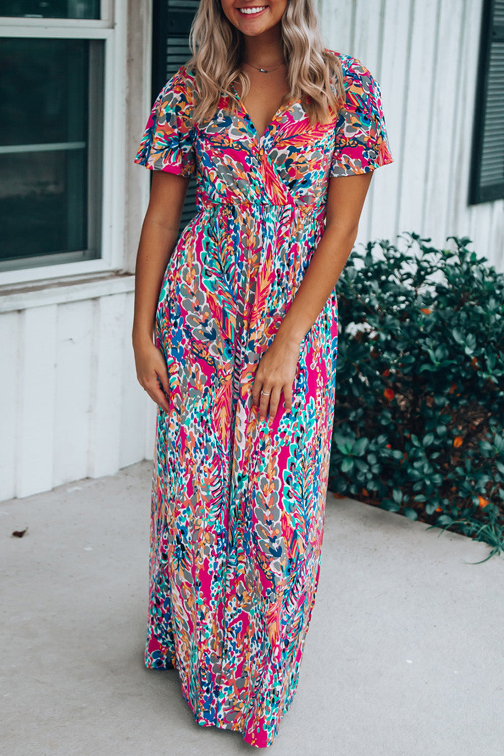 Bohemian Wrap V Neck Color Block Maxi