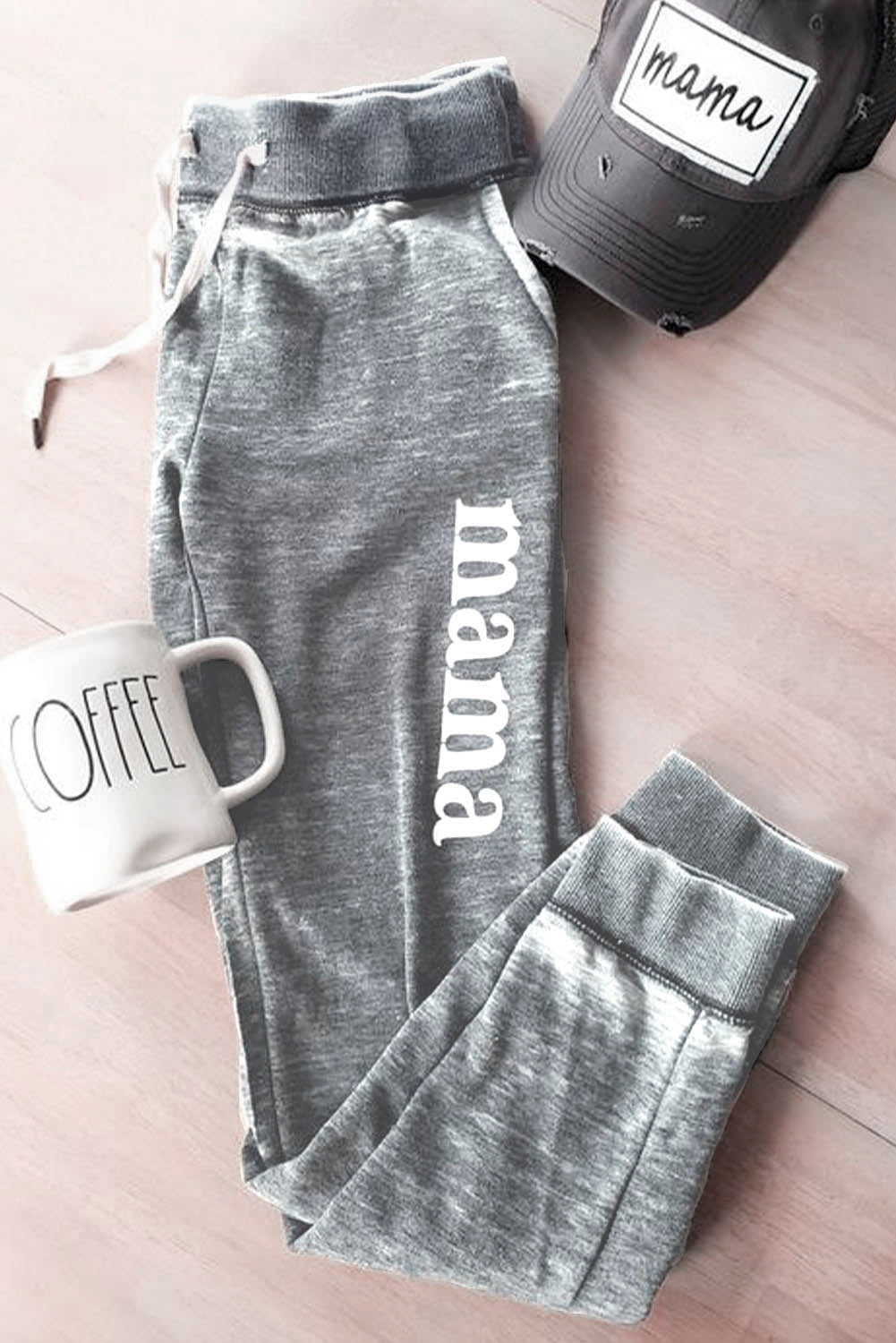 Grey Mama Letter Print Drawstring High Waisted Jogger Pants