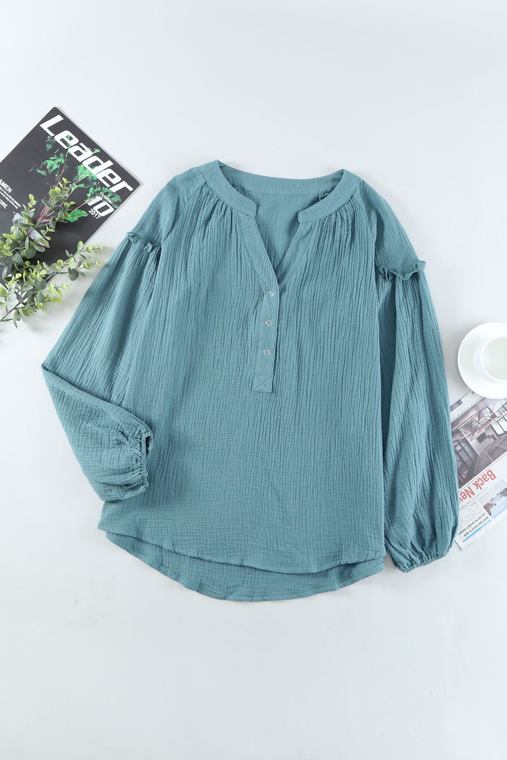 Frill Button Front Casual Blue Crinkled Blouse Top for Women