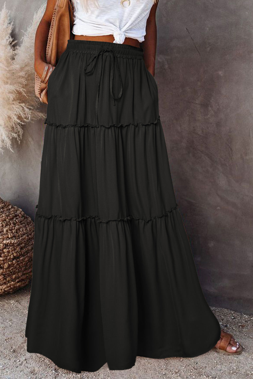 Casual Tiered Drawstring Elastic Waist Maxi Skirt